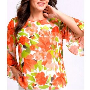 Black Label by Evan-Picone Floral  Tiered Bell Sleeve Blouse Orange Green L
